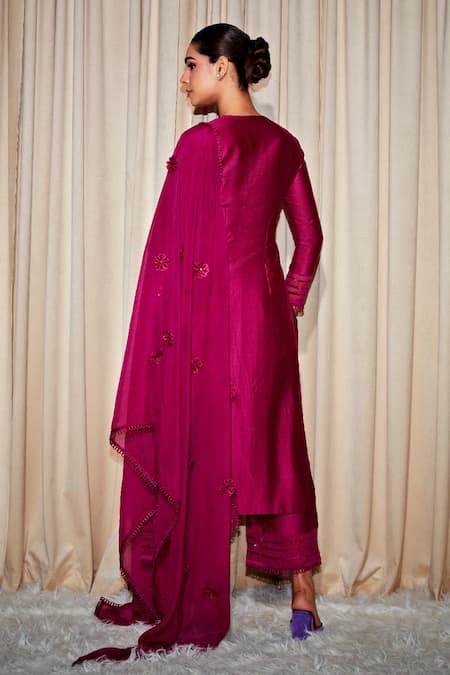 Shop_Dohr India_Purple Silk, Chanderi, Cotton, Organza Saba Straight Hem Kurta Palazzo Set _at_Aza_Fashions