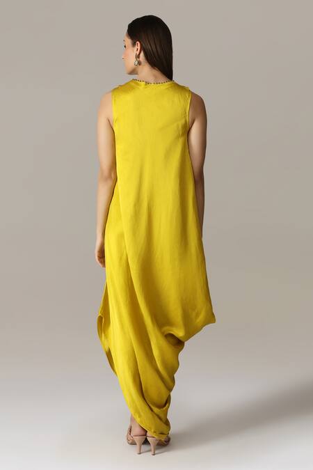 Shop_Aneehka_Yellow Viscose, Cotton Satin Beads Round Placement Floral Embroidered Dress_at_Aza_Fashions