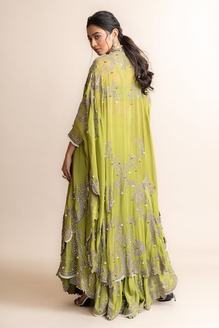 Shop_Nupur Kanoi_Green Crepe, Satin Mirrors, Sequins, Border Triangle Cape And Circular Pant Set _at_Aza_Fashions