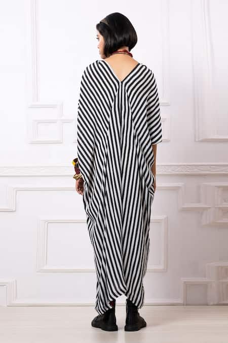 Shop Megha Garg Black Sequins V-neck Stripe Print Drape Kaftan Jumpsuit at Aza Fashions Shop_Megha Garg_Black Sequins V-neck Stripe Print Drape Kaftan Jumpsuit _at_Aza_Fashions