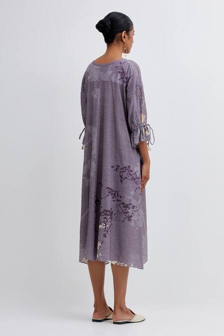Shop Bhavik Shah Purple Handloom Cotton Applique Split Handwoven Midi Dress With Forest Patterns at Aza Fashions Shop_Bhavik Shah_Purple Handloom Cotton Applique Split Handwoven Midi Dress With Forest Patterns_at_Aza_Fashions
