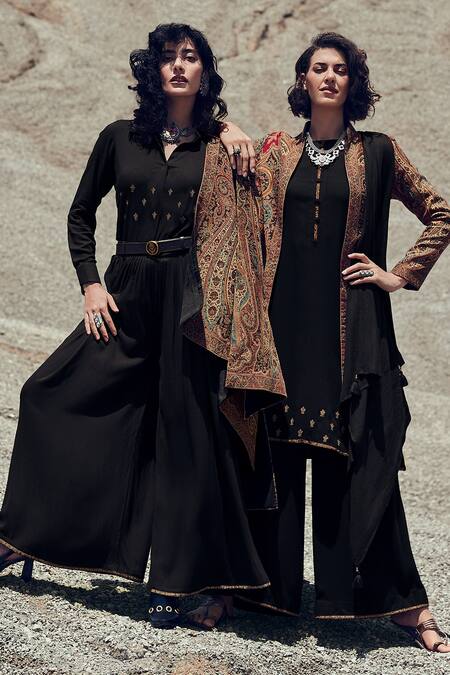 Shop Label Varsha Black Shirt Embroidery Floristry Shirt Collar Pant Set With Woven Jacket at Aza Fashions Shop_Label Varsha_Black Shirt Embroidery Floristry Shirt Collar Pant Set With Woven Jacket_at_Aza_Fashions