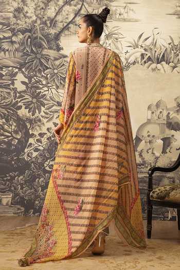 Shop Kalista Beige Crepe, Silk Embroidery, Tassels, Beads Aina A-line Floral Print Kurta Set at Aza Fashions Shop_Kalista_Beige Crepe, Silk Embroidery, Tassels, Beads Aina A-line Floral Print Kurta Set _at_Aza_Fashions