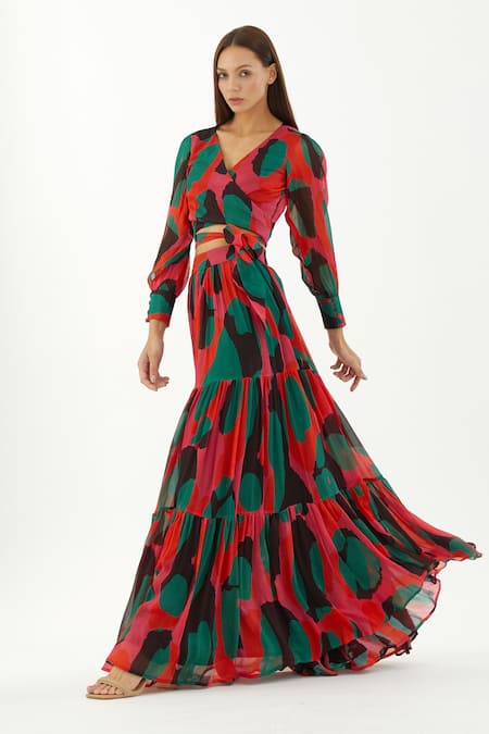 Shop Koai Multi Color Chiffon Abstract V Neck Pattern Wrap Top at Aza Fashions Shop_Koai_Multi Color Chiffon Abstract V Neck Pattern Wrap Top _at_Aza_Fashions