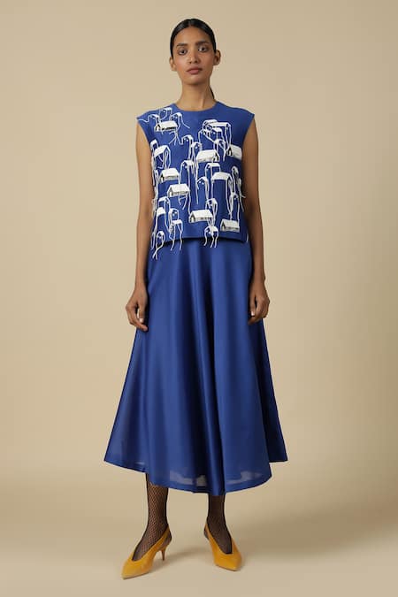 Shop_Shahin Mannan_Blue Chanderi Flared Skirt _at_Aza_Fashions