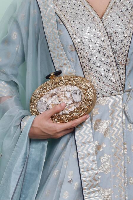 Shop Handle Those Bags Gold Embellished Crystal And Pearl Clutch at Aza Fashions Shop_Handle Those Bags_Gold Embellished Crystal And Pearl Clutch_at_Aza_Fashions