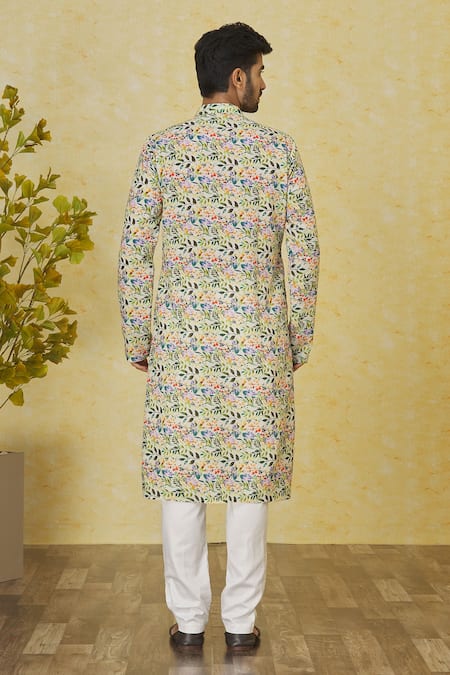 Shop Priyanka Haralalka Green Silk Leaf Print Kurta And Pant Set at Aza Fashions Shop_Priyanka Haralalka_Green Silk Leaf Print Kurta And Pant Set _at_Aza_Fashions