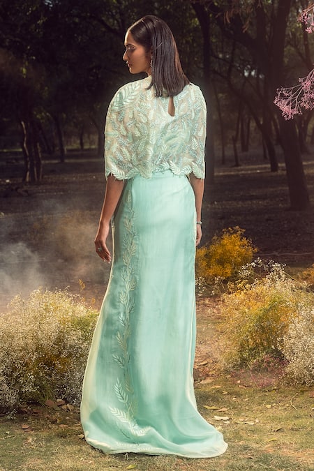 Shop_Nitika Gujral_Blue Lycra, Organza Sequins, Beads, Leaf Petal Embroidered Cape Skirt Set _at_Aza_Fashions