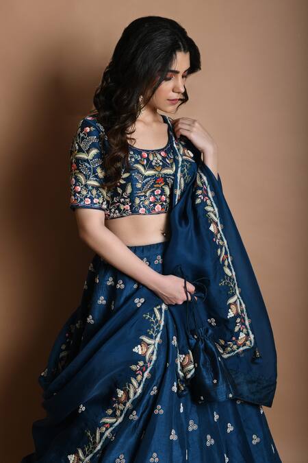 Shop_Kesar Studio_Blue Bamboo, Organza Pearls, Embroidery Round Neck And Floral Lehenga Set _at_Aza_Fashions