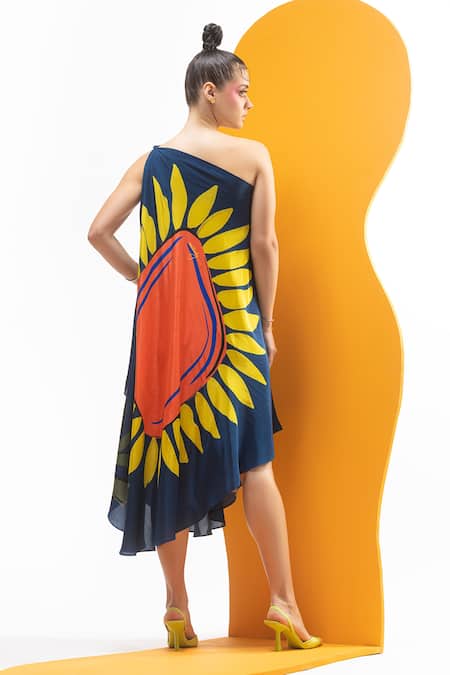 Shop Nautanky Multi Color Crepe Asymmetric One Shoulder Printed Draped Dress at Aza Fashions Shop_Nautanky_Multi Color Crepe Asymmetric One Shoulder Printed Draped Dress _at_Aza_Fashions