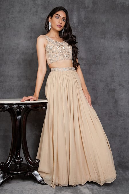 Shop Sunita Bhandari Beige Viscose, Georgette Cut Work, Embroidery Scoop Neck Cape Lehenga Set at Aza Fashions Shop_Sunita Bhandari_Beige Viscose, Georgette Cut Work, Embroidery Scoop Neck Cape Lehenga Set _at_Aza_Fashions