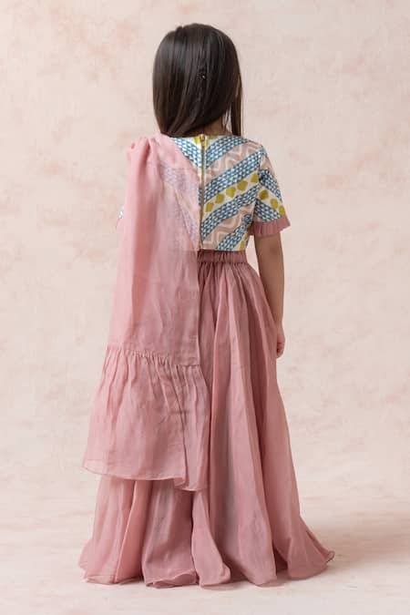 Shop Thetaa Pink Cotton, Silk, Viscose, Voile Geometric Print Blouse Lehenga Set at Aza Fashions Shop_Thetaa_Pink Cotton, Silk, Viscose, Voile Geometric Print Blouse Lehenga Set _at_Aza_Fashions