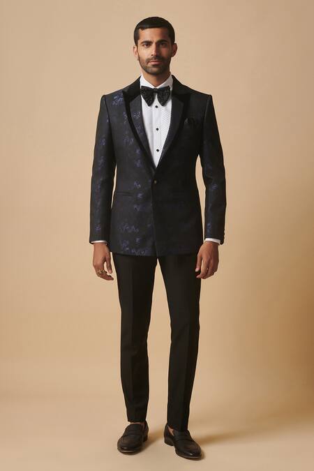 Shop Philocaly Blue Wool, Silk Twilight Single Buttoned Tuxedo at Aza Fashions Shop_Philocaly_Blue Wool, Silk Twilight Single Buttoned Tuxedo_at_Aza_Fashions