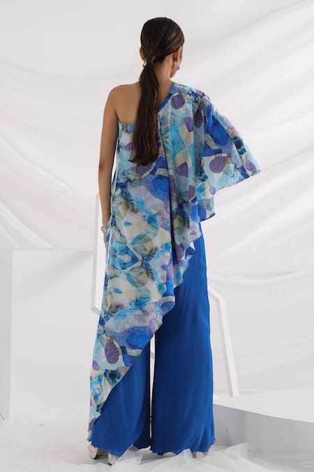 Shop Smriti By Anju Agarwal Blue Crepe, Chiffon One Light Between The Ocean Abstract Pattern Top And Pant Set at Aza Fashions Shop_Smriti By Anju Agarwal_Blue Crepe, Chiffon One Light Between The Ocean Abstract Pattern Top And Pant Set _at_Aza_Fashions