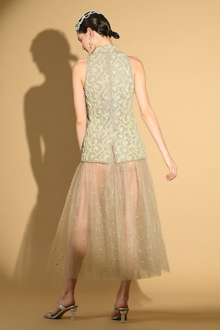 Shop Geisha Designs Grey Nylon Embroidered Beads Lapel Collar Dress With Jacket at Aza Fashions Shop_Geisha Designs_Grey Nylon Embroidered Beads Lapel Collar Dress With Jacket _at_Aza_Fashions