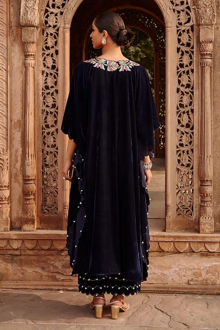 Shop Ajiesh Oberoi Blue Velvet Embroidery Kaftan And Pant Set at Aza Fashions Shop_Ajiesh Oberoi_Blue Velvet Embroidery Kaftan And Pant Set _at_Aza_Fashions