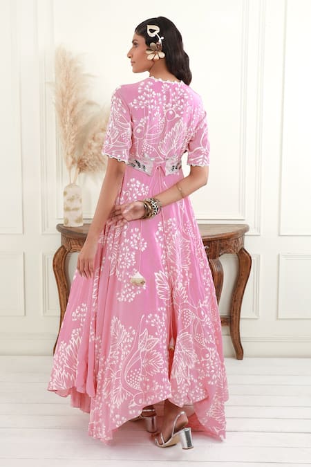 Shop_EK Soot_Pink Crepe And Embroidery Floral Leaf Asymmetric Hem Dress  _at_Aza_Fashions