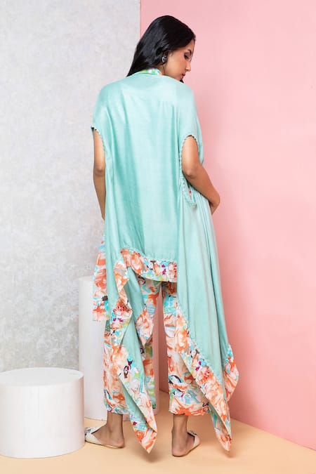 Shop_Rhe-Ana_Green Polyester Printed Overlap Cape And Pant Set _at_Aza_Fashions