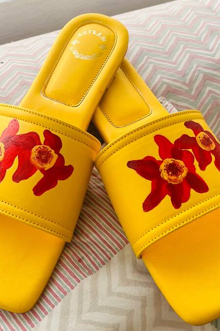 Shop Shiveen Shiveen Yellow Hand Painted Daffodils Flats at Aza Fashions Shop_Shiveen Shiveen_Yellow Hand Painted Daffodils Flats_at_Aza_Fashions