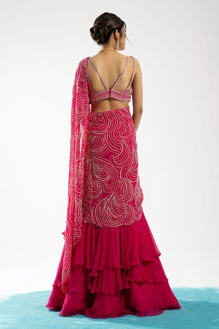 Charu And Vasundhara Esra Pre-Draped Tiered Lehenga Saree With Blouse 