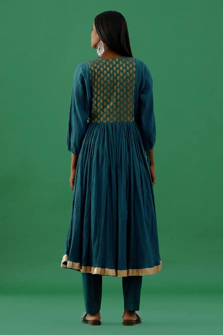 Shop 5elements Blue 100% Cotton With Silk Brocade Yoke Paisley Woven Anarkali Set at Aza Fashions Shop_5elements_Blue 100% Cotton With Silk Brocade Yoke Paisley Woven Anarkali Set _at_Aza_Fashions