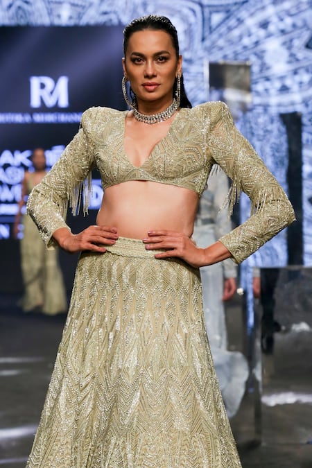 Shop Ritika Mirchandani Green Net, Crepe, Georgette Raisa Geometric Embroidered Bridal Lehenga Set at Aza Fashions Shop_Ritika Mirchandani_Green Net, Crepe, Georgette Raisa Geometric Embroidered Bridal Lehenga Set _at_Aza_Fashions