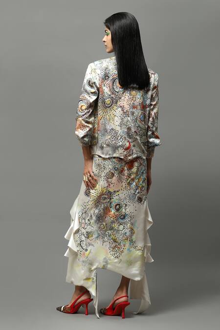 Shop_AK-OK_Multi Color Satin Printed Abstract Pattern Handkerchief Hem Skirt_at_Aza_Fashions