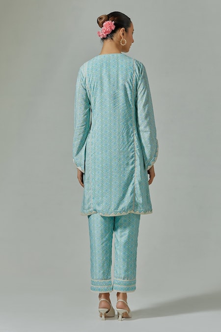 Shop Basanti - Kapde Aur Koffee Green Muslin Geometric Round Print Kurta With Pant at Aza Fashions Shop_Basanti - Kapde Aur Koffee_Green Muslin Geometric Round Print Kurta With Pant _at_Aza_Fashions