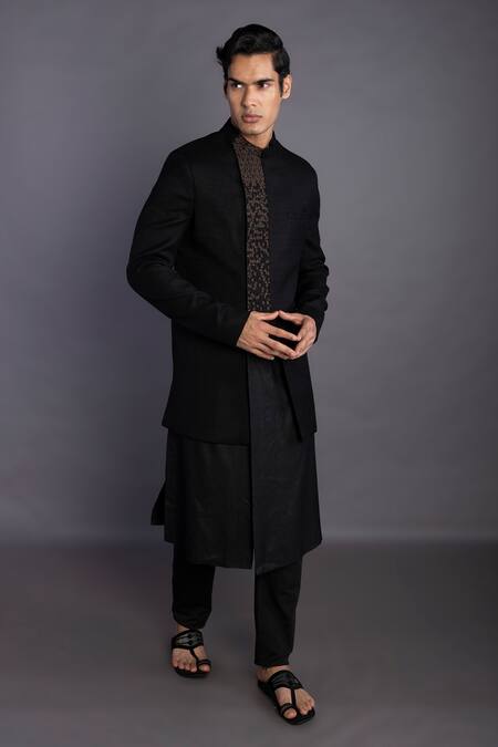 Shop Gram Of Ink Black Jacket Matka Silk Embroidery Thread Dawn Centre Front Set at Aza Fashions Shop_Gram Of Ink_Black Jacket Matka Silk Embroidery Thread Dawn Centre Front Set_at_Aza_Fashions