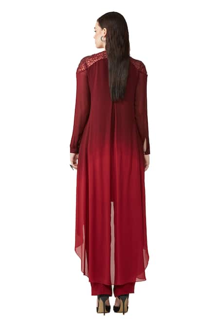Shop Rohit Gandhi + Rahul Khanna Maroon Silk Georgette Embellished Sequin Keyhole Yoke Ombre Tunic at Aza Fashions Shop_Rohit Gandhi + Rahul Khanna_Maroon Silk Georgette Embellished Sequin Keyhole Yoke Ombre Tunic _at_Aza_Fashions