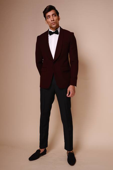 Shop_Tisa - Men_Maroon Tuxedo- Viscose Polyester Trousers And Shirt Terry Shawl Lapel Collar Set_at_Aza_Fashions