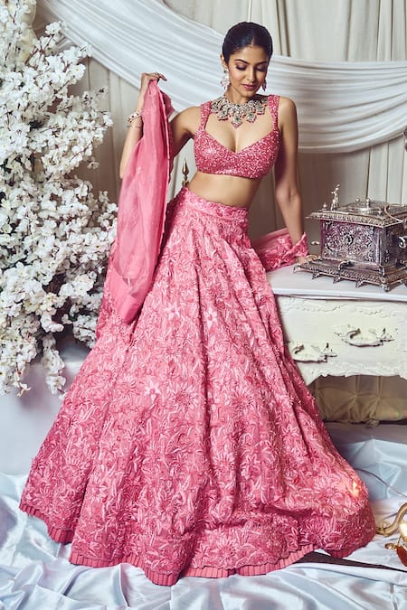 Shop Varun Chakkilam Pink Silk Organza Sequins, Embroidery, Beads 3d Floral Bridal Lehenga Set at Aza Fashions Shop_Varun Chakkilam_Pink Silk Organza Sequins, Embroidery, Beads 3d Floral Bridal Lehenga Set _at_Aza_Fashions
