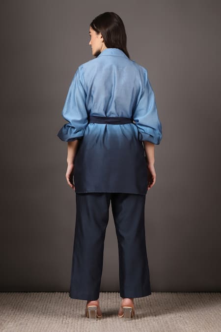 Shop Sakshi Khetterpal Blue Chanderi Silk Embroidery Double Breasted Blazer Pant Set at Aza Fashions Shop_Sakshi Khetterpal_Blue Chanderi Silk Embroidery Double Breasted Blazer Pant Set _at_Aza_Fashions