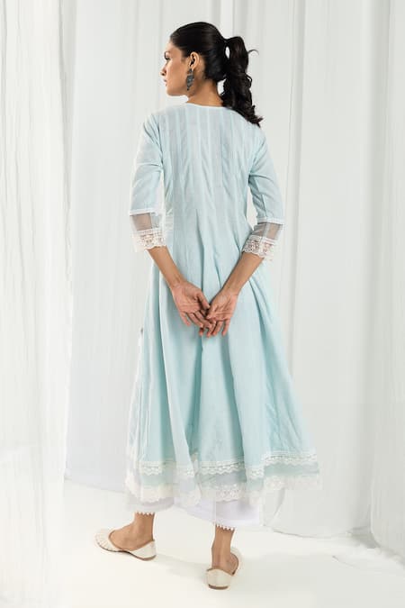 Shop Roze Blue Cotton, Chiffon Lace, Embroidery Scoop Neck Aria Panelled Angrakha Set at Aza Fashions Shop_Roze_Blue Cotton, Chiffon Lace, Embroidery Scoop Neck Aria Panelled Angrakha Set _at_Aza_Fashions