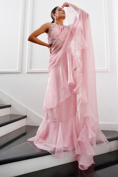 Shop_Amrta By Guneet Kondal_Pink Organza, Chiffon, Viscose Pearls, Pre-draped Ruffle Saree With Blouse _at_Aza_Fashions