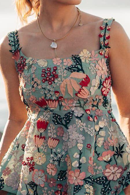 Shop Sahil Kochhar Green Organza And Linen Embroidered Floral Saagar Top & Trouser Set at Aza Fashions Shop_Sahil Kochhar_Green Organza And Linen Embroidered Floral Saagar Top & Trouser Set _at_Aza_Fashions