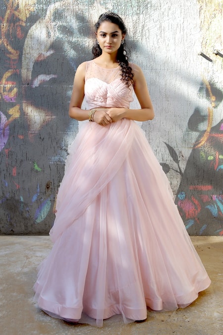 House Of Mithi Kalra Floral Embroidered Baby Pink Lehenga Set 