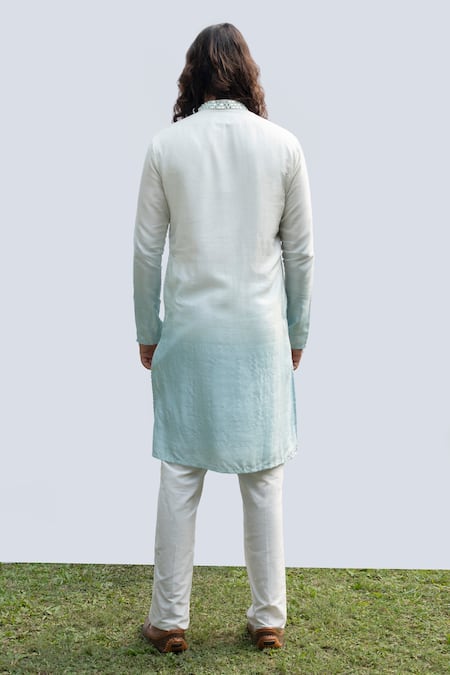 Shop Kaka Calcutta Blue Bamboo, Cotton Mirrors Embellished Neckline Kurta Set at Aza Fashions Shop_Kaka Calcutta_Blue Bamboo, Cotton Mirrors Embellished Neckline Kurta Set _at_Aza_Fashions