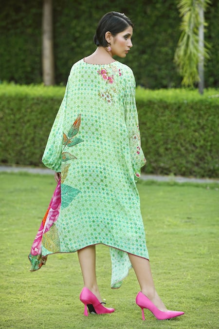 Shop_Shilpi Gupta_Green Viscose Crepe Floral, Geometric V Neck Print Dress _at_Aza_Fashions