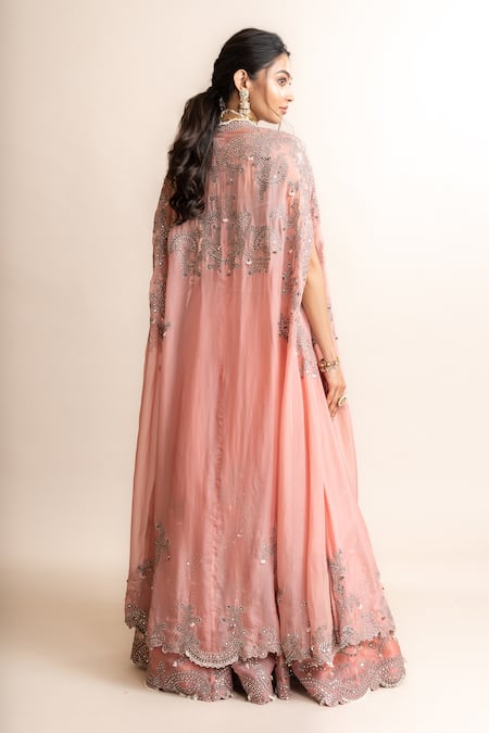 Shop_Nupur Kanoi_Pink Crepe, Satin, Organza Embroidered Lehenga Set With Asymmetric Hem Cape _at_Aza_Fashions
