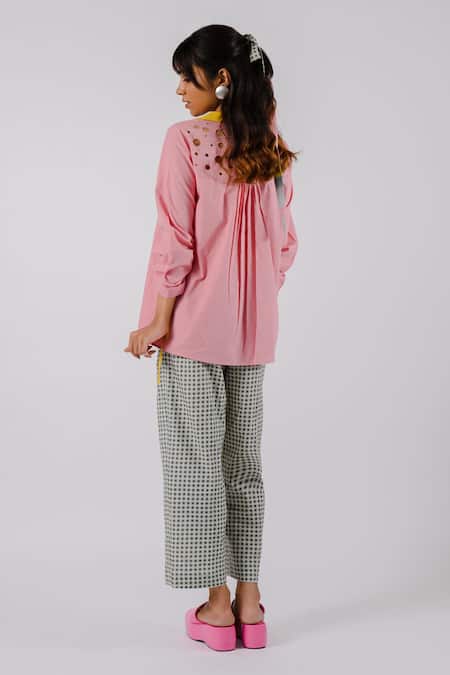 Shop Tussah By Siddhi Shah Black Cotton Cut Work Round Neck Placed Shirt With Checkered Pant at Aza Fashions Shop_Tussah By Siddhi Shah_Black Cotton Cut Work Round Neck Placed Shirt With Checkered Pant _at_Aza_Fashions