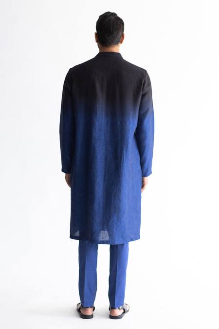 Shop_Kaha_Blue Linen Geometric Ombre-dyed Kurta And Pant Set_at_Aza_Fashions