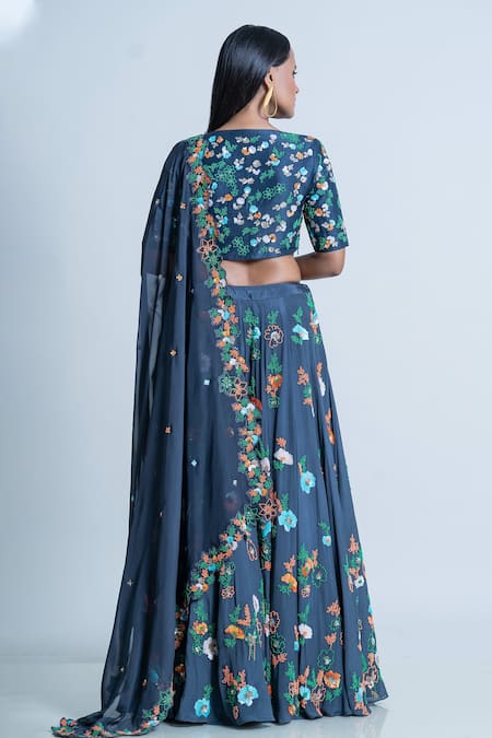 Shop Nautanky Blue Blouse Soft Silk, Dupatta Organza, Lehenga Embellished Work Set at Aza Fashions Shop_Nautanky_Blue Blouse Soft Silk, Dupatta Organza, Lehenga Embellished Work Set _at_Aza_Fashions