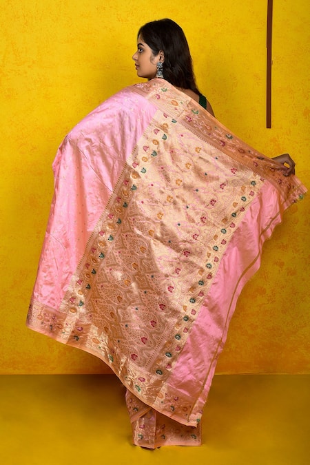 Shop Naaritva India Pink Silk Zari Kadhwa Handwoven Banarasi Saree With Running Blouse at Aza Fashions Shop_Naaritva India_Pink Silk Zari Kadhwa Handwoven Banarasi Saree With Running Blouse _at_Aza_Fashions