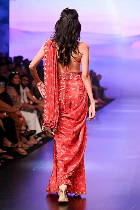 Shop Punit Balana Red Satin Scoop Neck Flower Bouquet Print Pre-draped Saree With Blouse at Aza Fashions Shop_Punit Balana_Red Satin Scoop Neck Flower Bouquet Print Pre-draped Saree With Blouse _at_Aza_Fashions