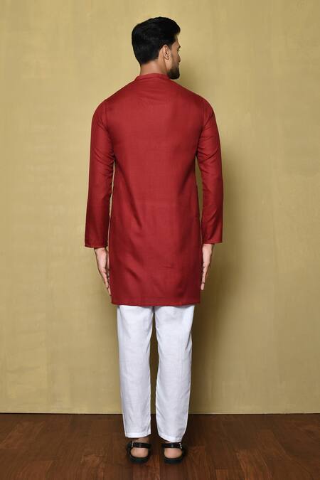 Shop Nayantara Couture Red Cotton, Silk Mandarin Collar Short Kurta at Aza Fashions Shop_Nayantara Couture_Red Cotton, Silk Mandarin Collar Short Kurta_at_Aza_Fashions