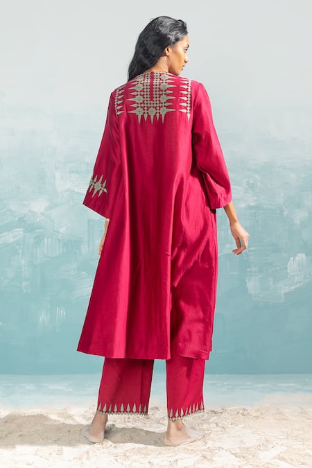 Shop_Ikai By Ragini Ahuja_Pink 100% Cotton Embroidery Applique And Cutwork Nile Hem Pant  _at_Aza_Fashions