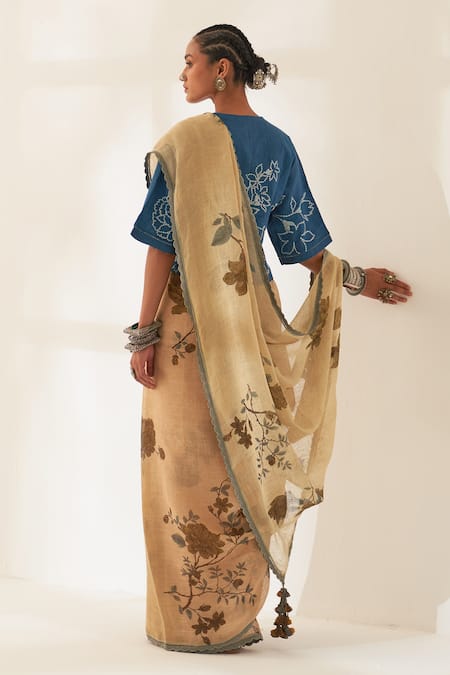 Shop Kasturi Kundal Brown Linen Embroidery Sanobar Pure Handloom Saree With Unstitched Blouse at Aza Fashions Shop_Kasturi Kundal_Brown Linen Embroidery Sanobar Pure Handloom Saree With Unstitched Blouse _at_Aza_Fashions