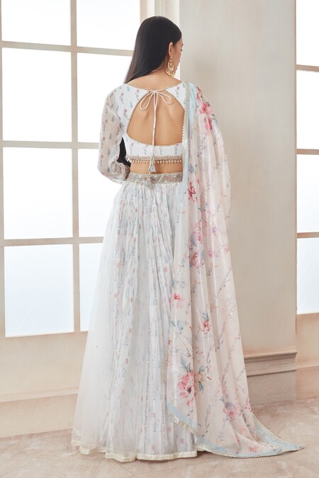 Buy White Satin Printed Floral Sweetheart Neck Lehenga Set For Women by  LASHKARAA Online at Aza Fashions.