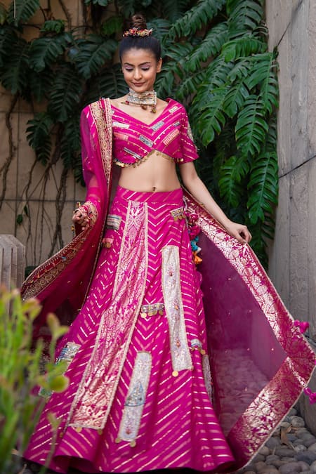 Soniya G Lurex Striped Pattern & Embroidered Lehenga Set 